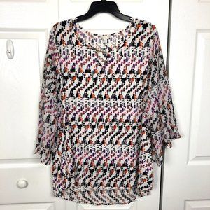 Est 1946 Ladies Top Size 14/16 Geo Print Multicolor White Front Pearl Detail